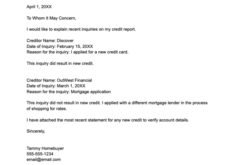 Sample Letter of Explanation For Credit Inquiries for a Mortgage