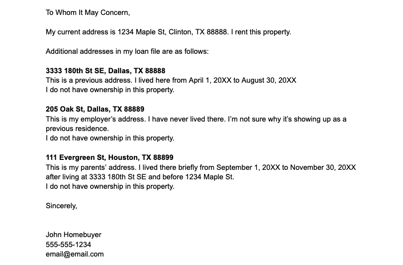 Sample Mortgage Letter of Explanation for Address