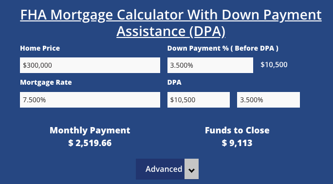 FHA loan calculator image with down payment assistance and seller concessions.